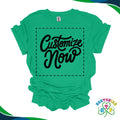 Green t-shirt with 'Customize Now' text on a white background
