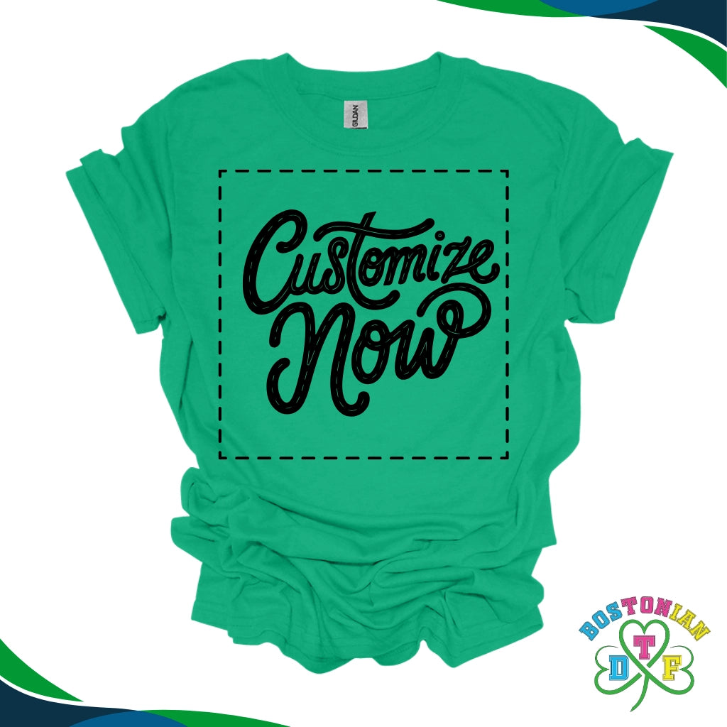 Green t-shirt with 'Customize Now' text on a white background