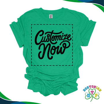 Green t-shirt with 'Customize Now' text on a white background